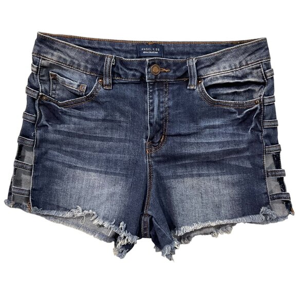 Angel Kiss Jean Shorts Womens 9 Blue Denim Cut Offs Y2K Ladder Cut‎ Outs 28x3 - Picture 1 of 10
